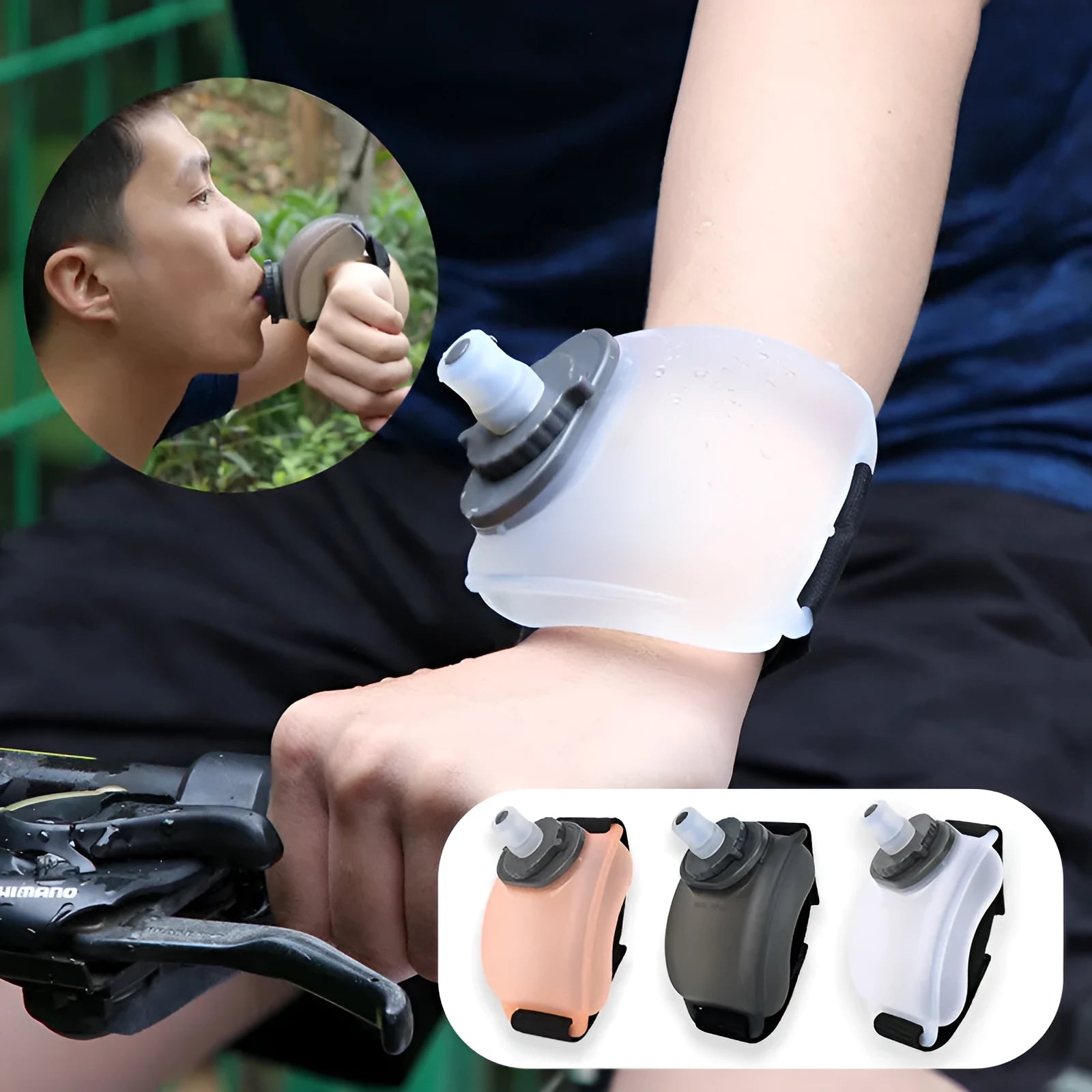 Orange wrist water bottle with Velcro strap showing 200ml capacity and bite valve mouthpiece