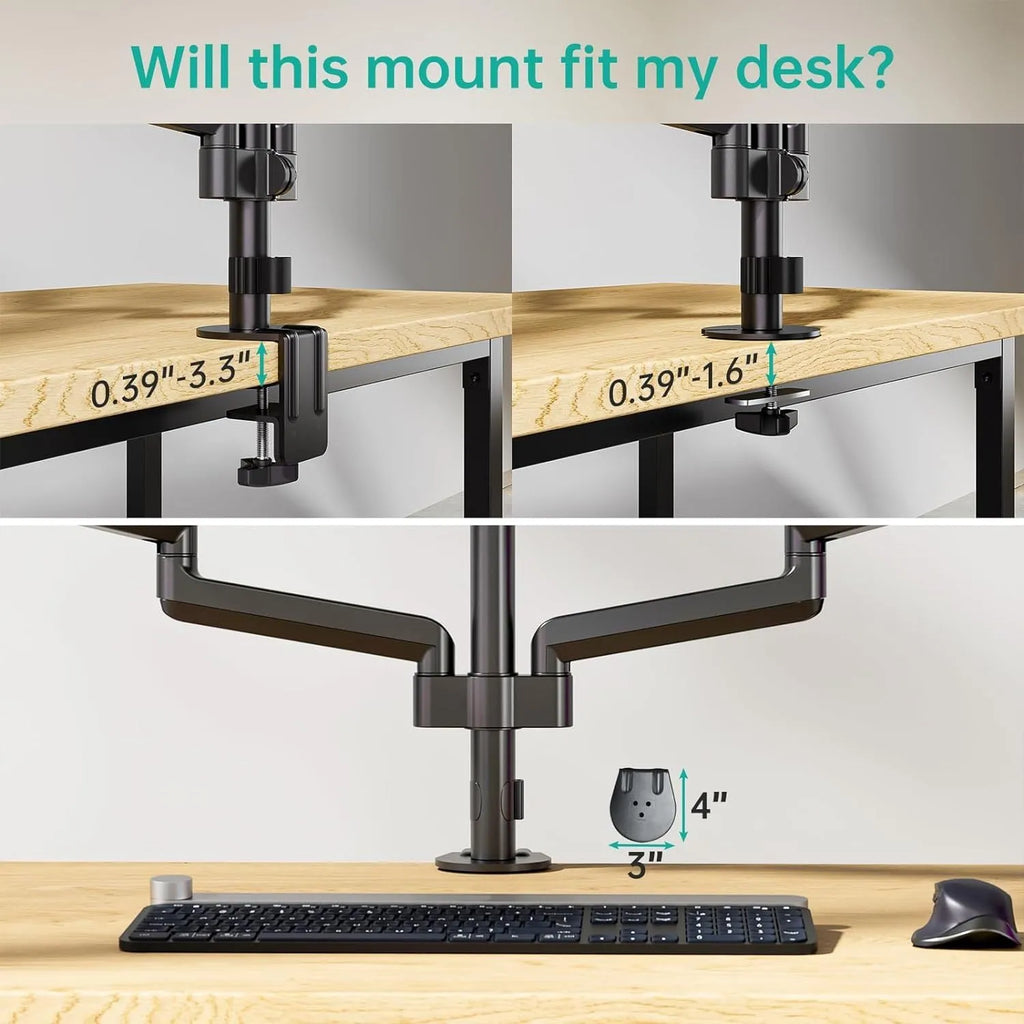 Black three-arm gas spring computer monitor mounting arm for 27-inch screens