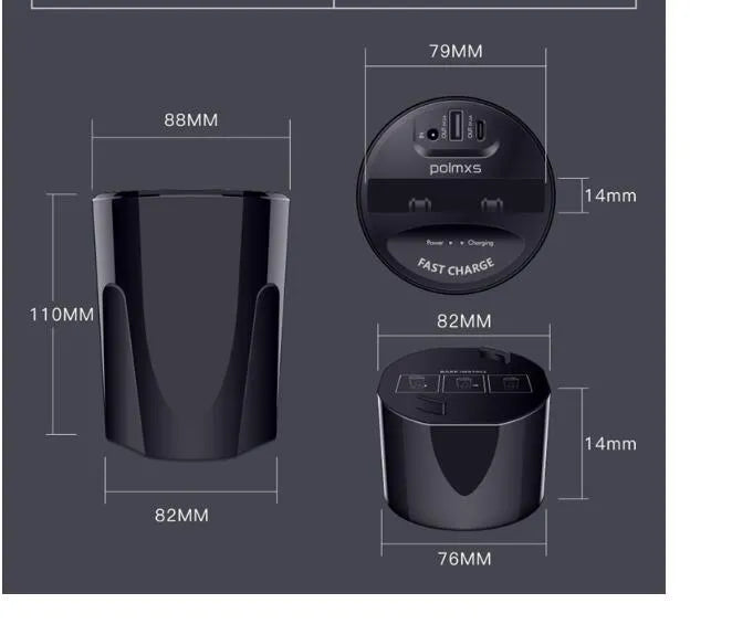 Black X9 car wireless charging cup with detachable base on a car dashboard, showing LED light and phone charging.