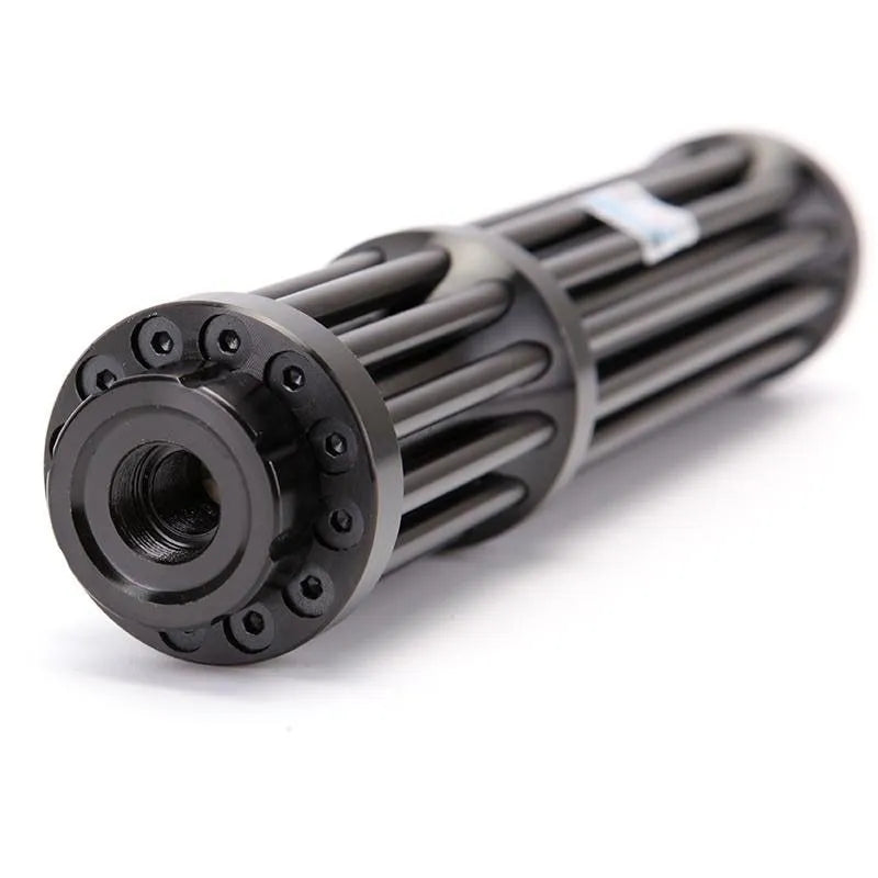 Black anodised aluminium extended flashlight with blue laser pointer, showing tail switch and 18650 battery.