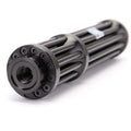 Black anodised aluminium extended flashlight with blue laser pointer, showing tail switch and 18650 battery.