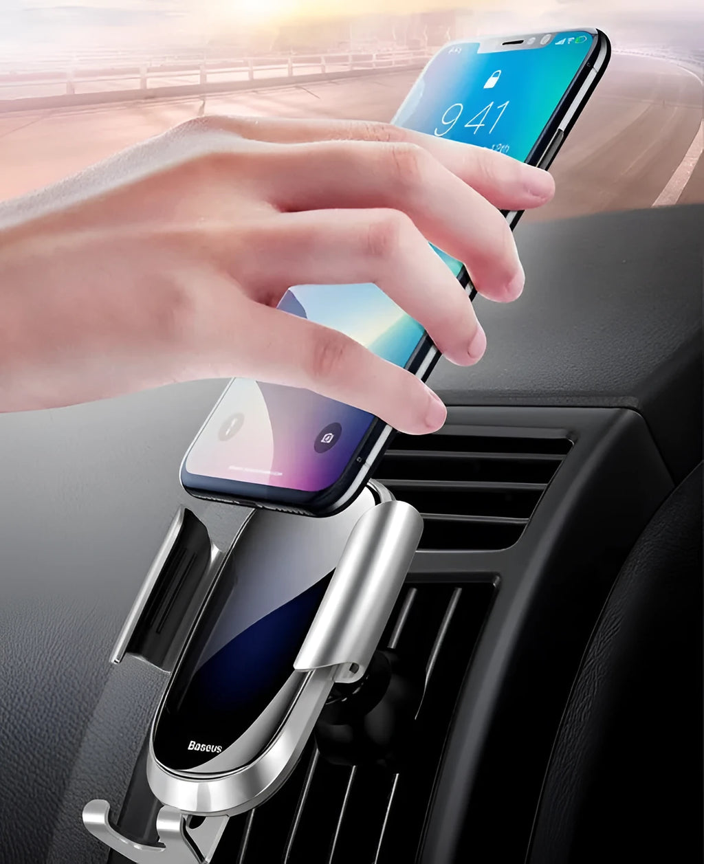Universal smart car bracket phone mount with adjustable clamp showing dashboard and windscreen mounting options