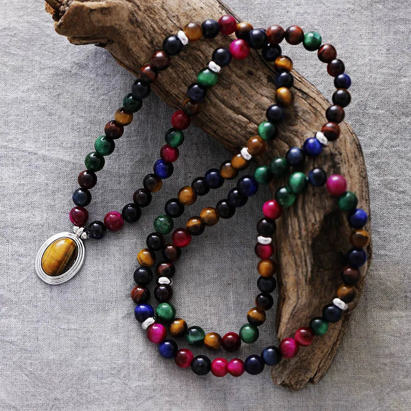 Handmade colour tiger-eye 6mm bead necklace with 108 gemstone-inlaid pendants and matching bracelet.