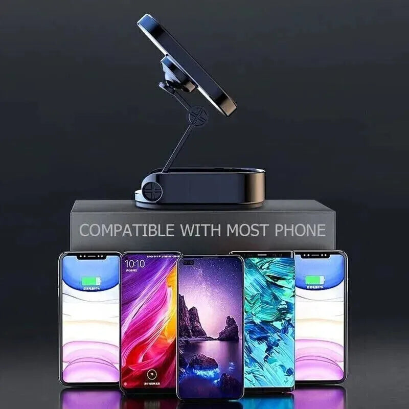 Chrome magnetic car phone holder showing folded and extended positions with 360-degree rotation