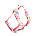 Pink dog harness with gold buckle and heart-shaped stone decoration for small dogs