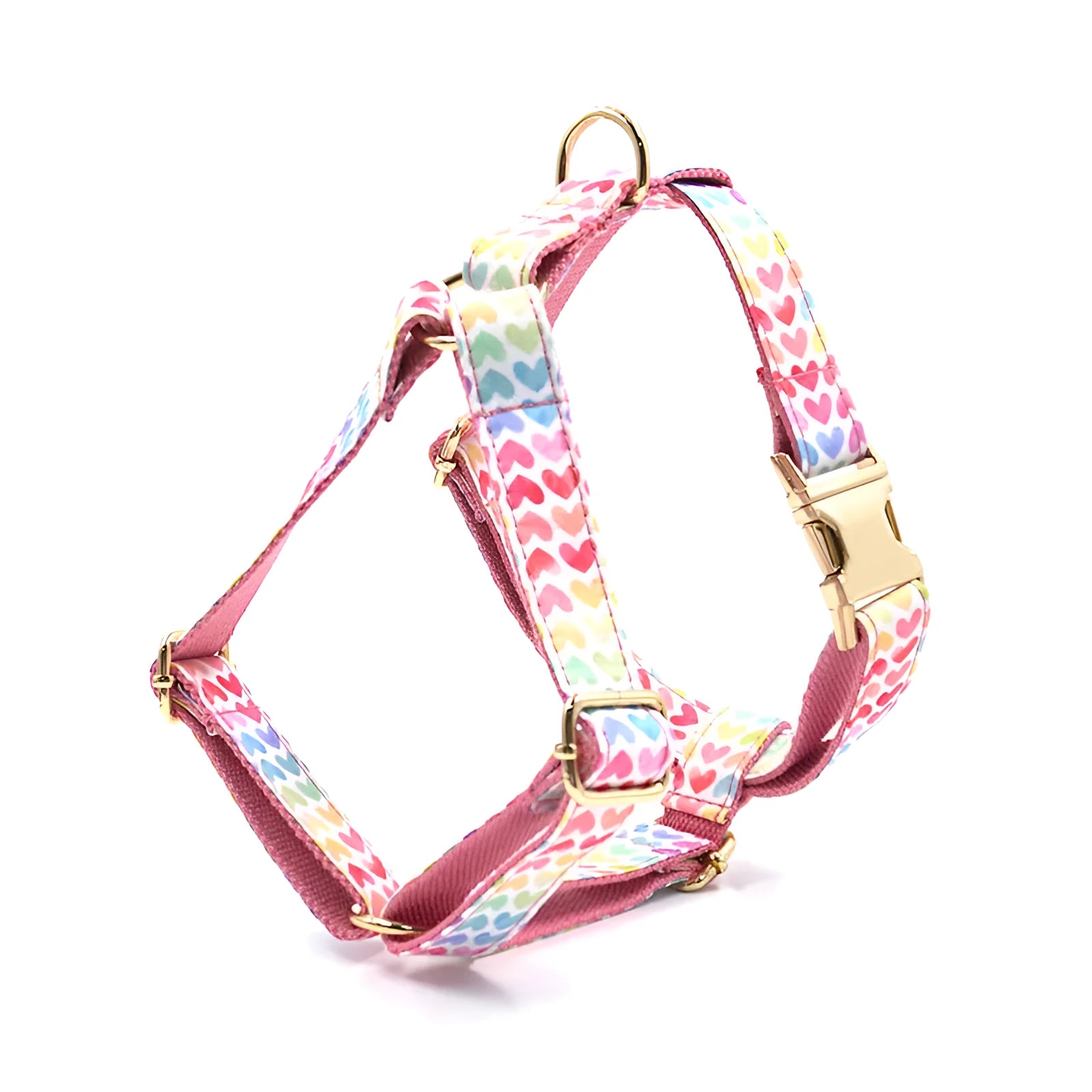Pink dog harness with gold buckle and heart-shaped stone decoration for small dogs