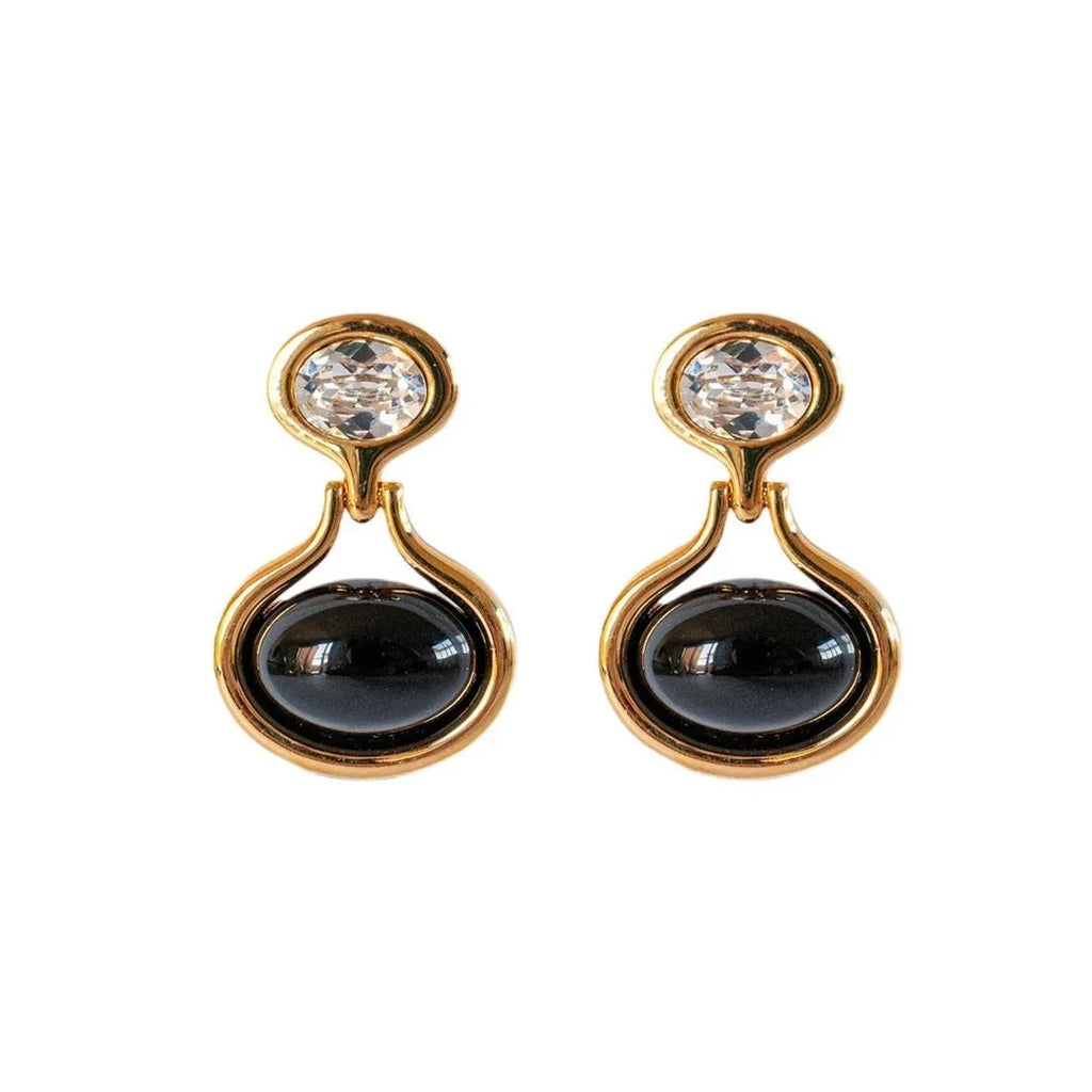 18k gold-plated brass earrings with black onyx and diamond accents, geometric shape, 28mm by 18.5mm, gold colour