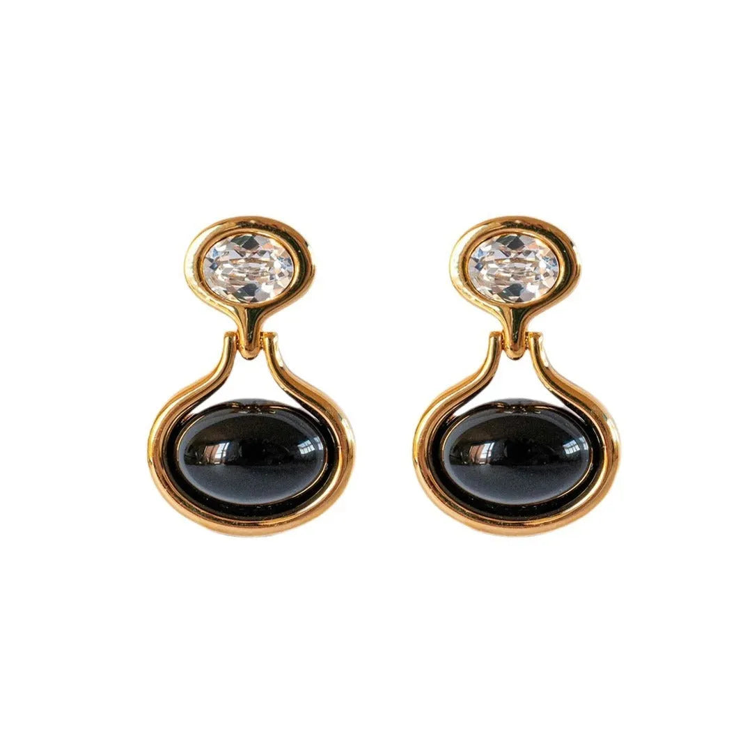 18k gold-plated brass earrings with black onyx and diamond accents, geometric shape, 28mm by 18.5mm, gold colour