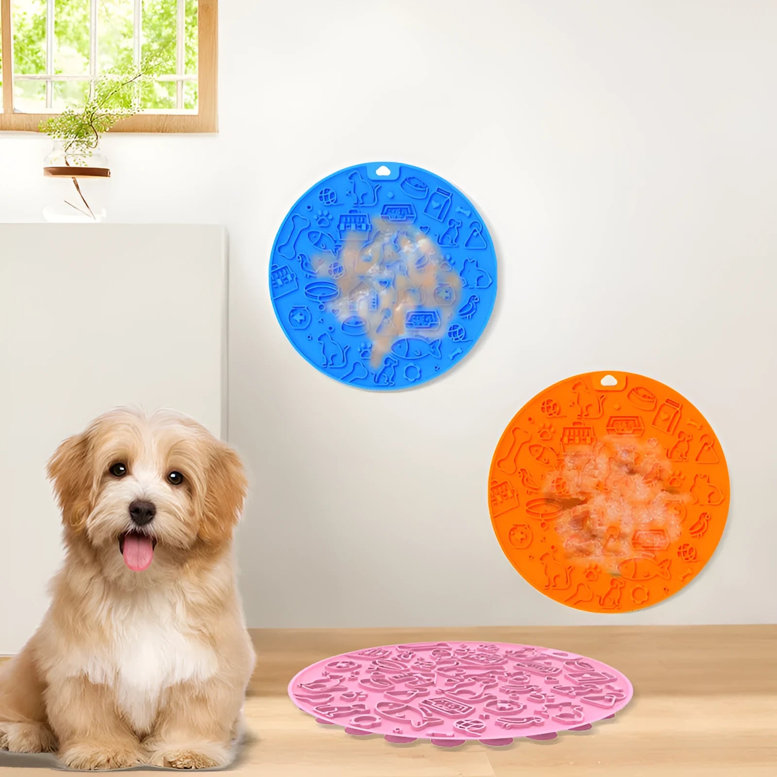Round blue silicone pet licking mat with textured surface and a white suction cup base on the underside.
