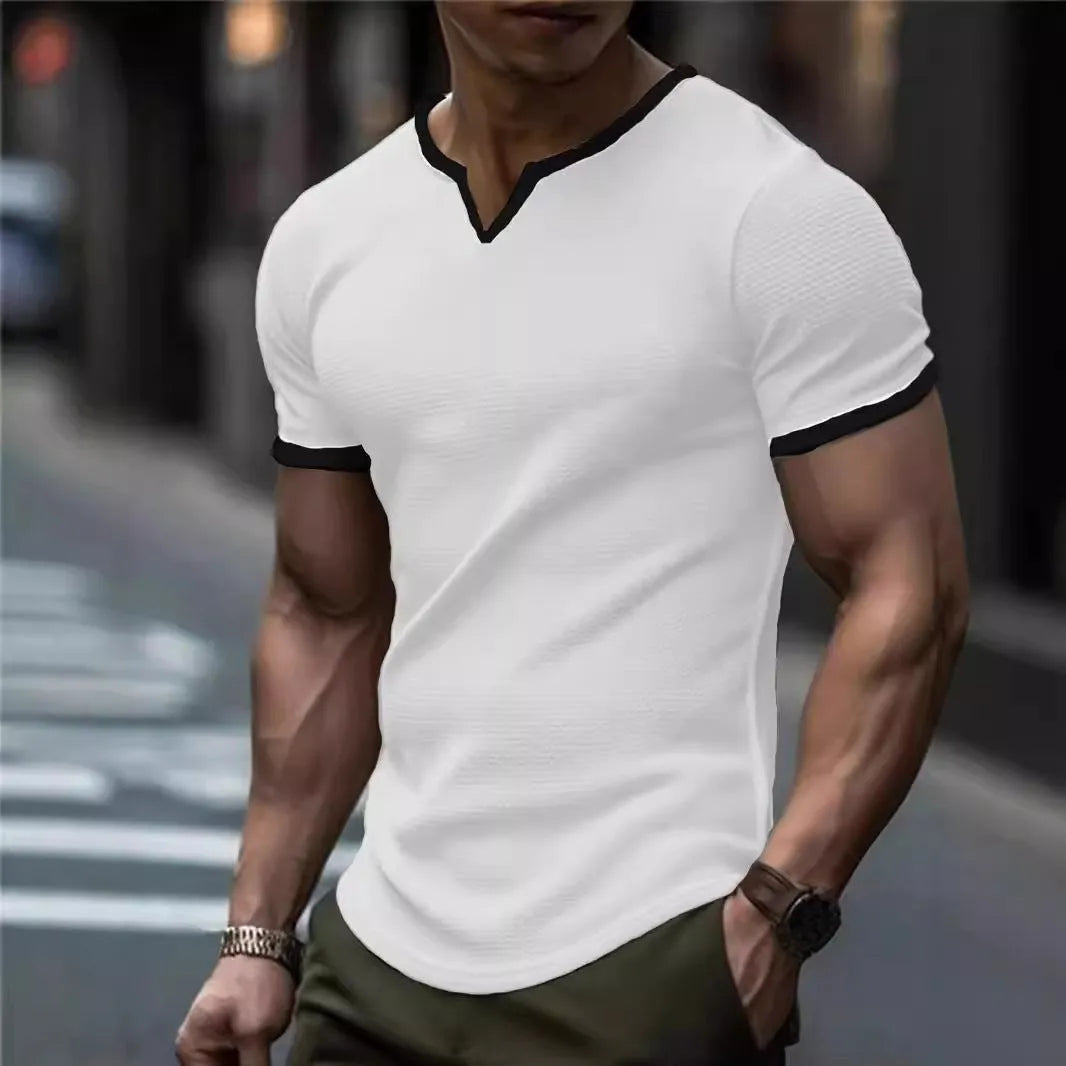 Short sleeve waffle texture t-shirt with colour-block V-neck in army green