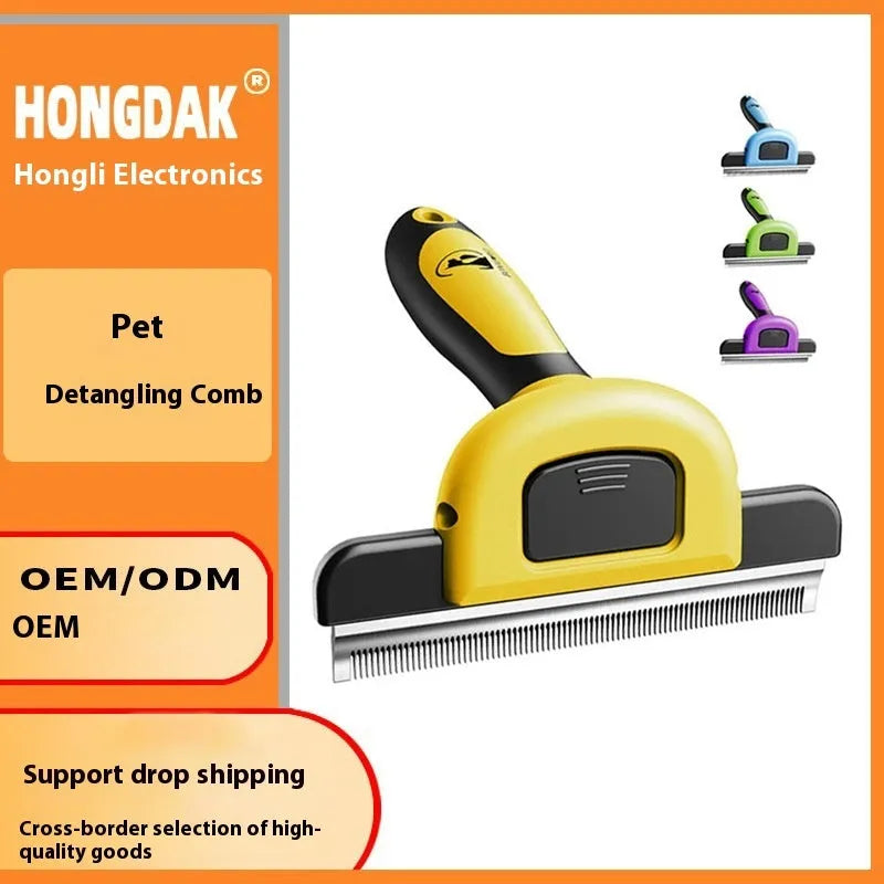 Dual-sided dog grooming comb showing stainless steel hair removal teeth and plastic knot untangling teeth