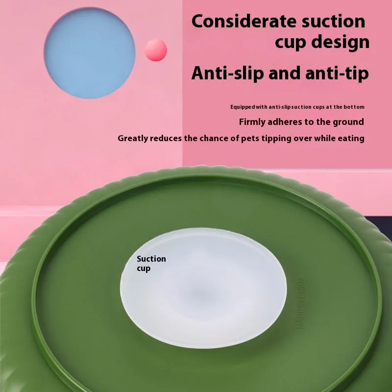 Interactive pet slow feeder bowl with rotating game board and textured silicone pad in assorted colours.