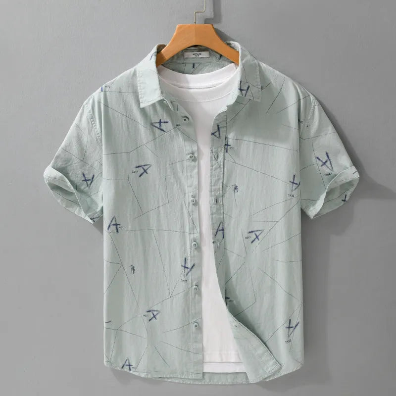 Men's pure cotton short sleeve shirt with printed letter design in light green colour