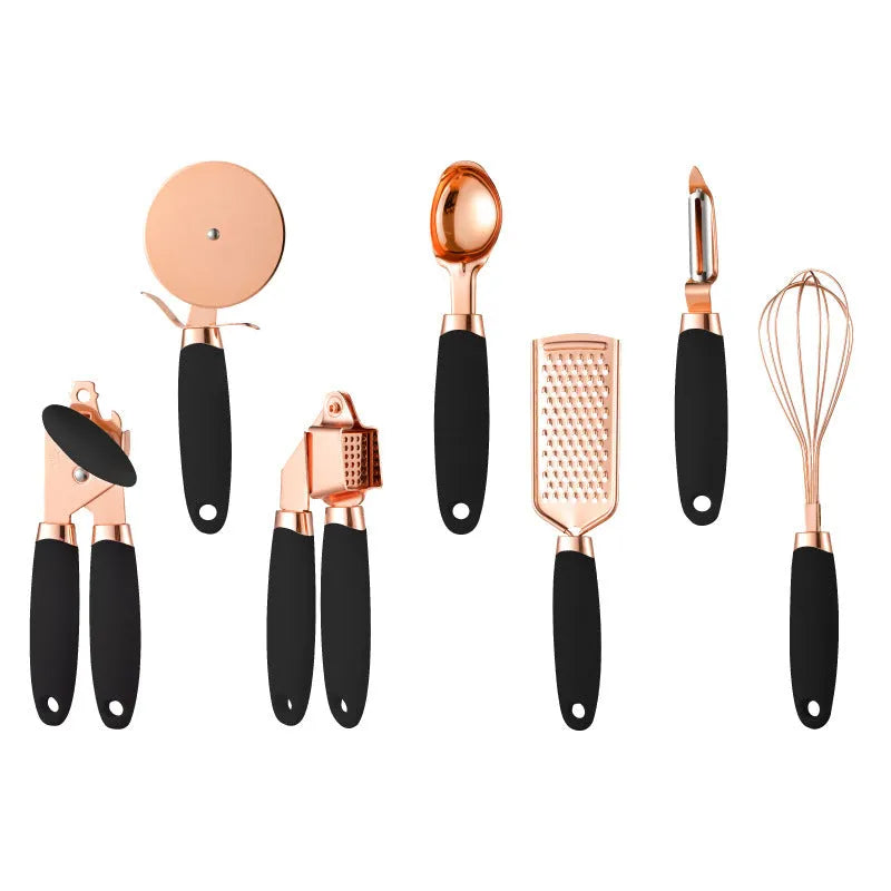 Copper-plated seven-piece kitchen tool set with cutlery rack in assorted colours
