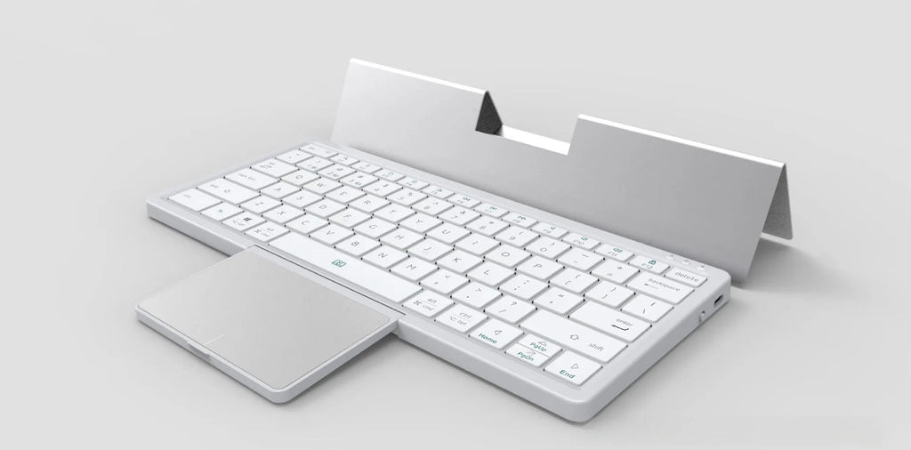 Universal wireless Bluetooth keyboard with touch pad inside a grey hardcover sheath with stand.