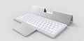 Universal wireless Bluetooth keyboard with touch pad inside a grey hardcover sheath with stand.