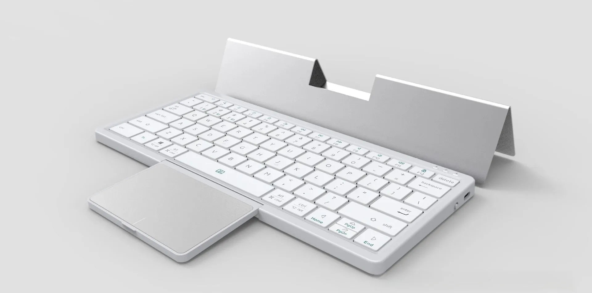 Universal wireless Bluetooth keyboard with touch pad inside a grey hardcover sheath with stand.
