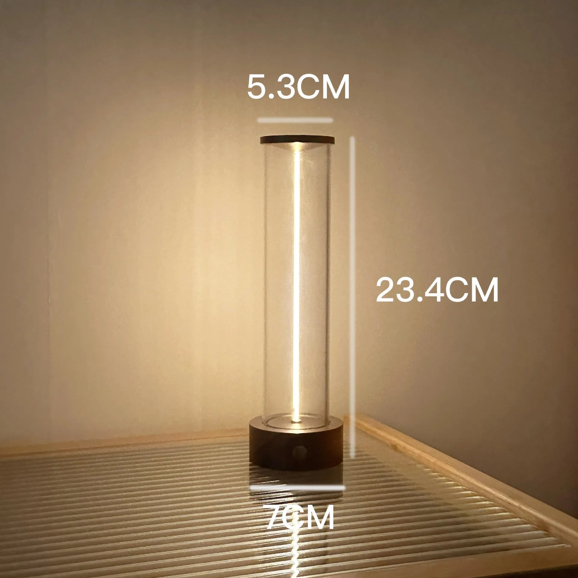 Slim modern USB rechargeable LED glass night light with magnetic back, dimensions 53mm by 234mm.