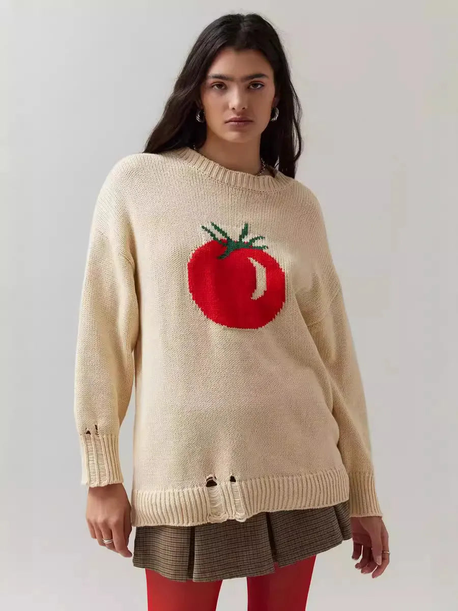 Women's milky white beige acrylic jacquard knit pullover sweater with round neck and long sleeves.