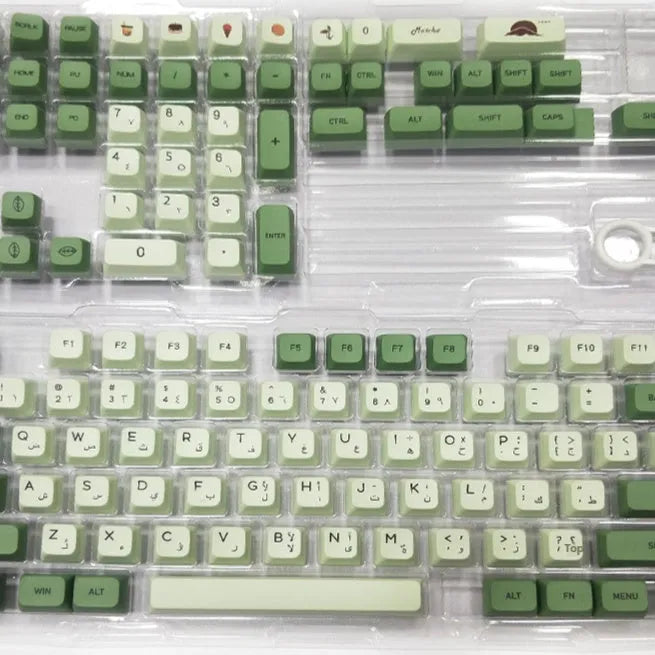 124-key Matcha green PBT keycap set for a mechanical keyboard, showing multiple language layout options.
