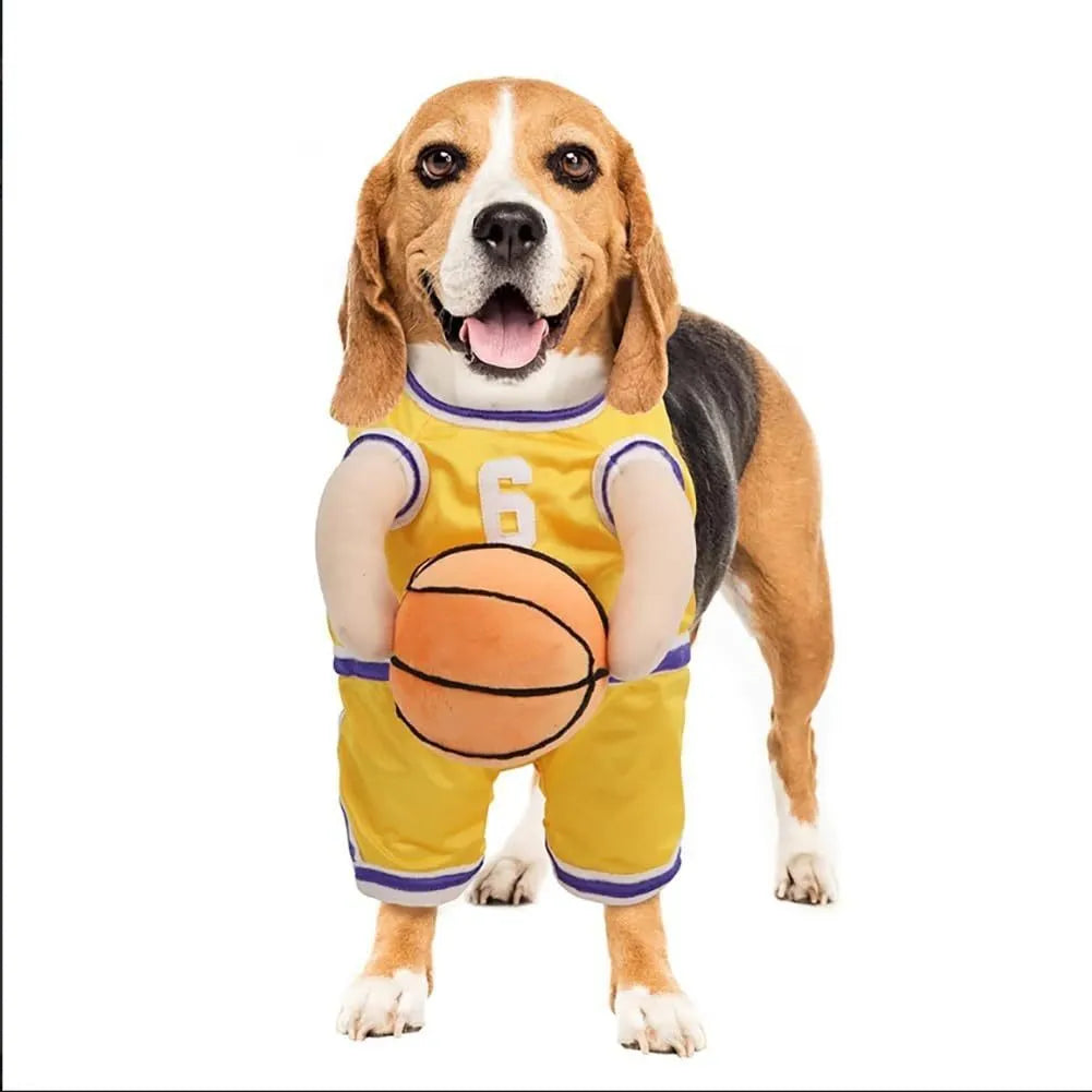 Dog wearing red basketball jersey costume with matching basketball ball accessory