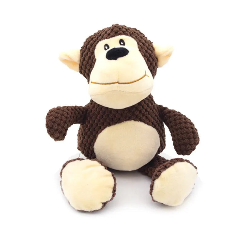 Squeaky dog plush chew toy in animal shape for dental cleaning and play