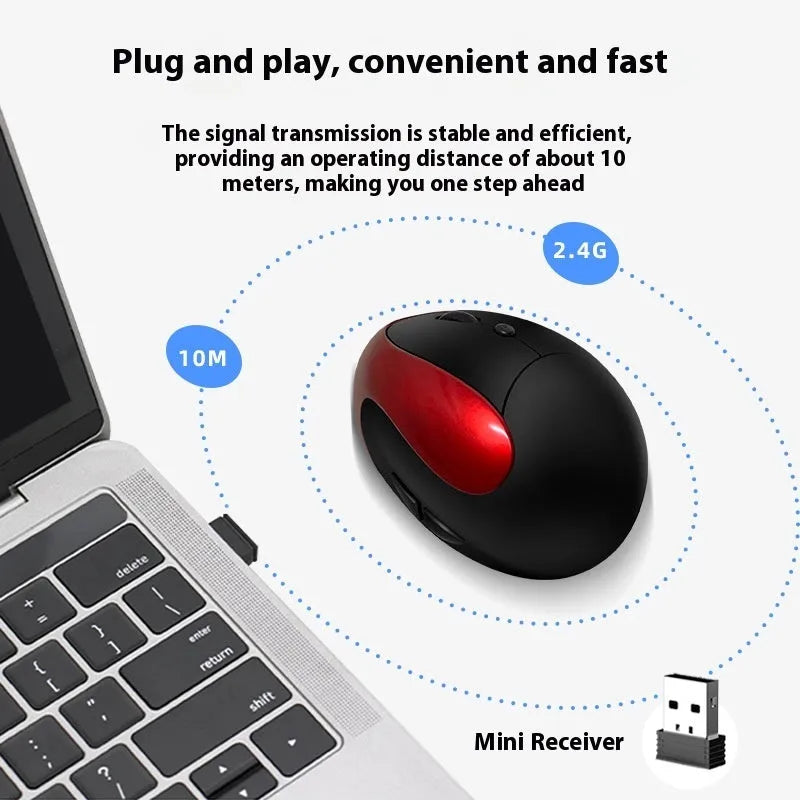 Vertical ergonomic computer mouse in various colours, shown next to a laptop.
