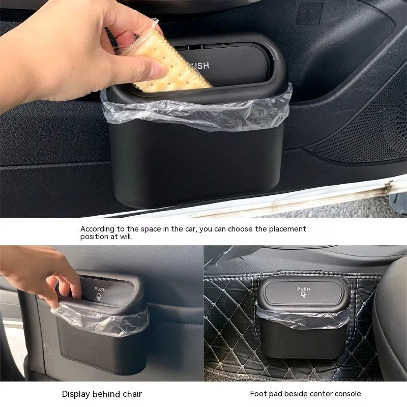 Black folding car trash can showing collapsed and expanded states for seat mounting