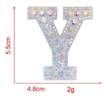 AB colour rhinestone letter emblem badge patch cloth sticker self-adhesive on white background