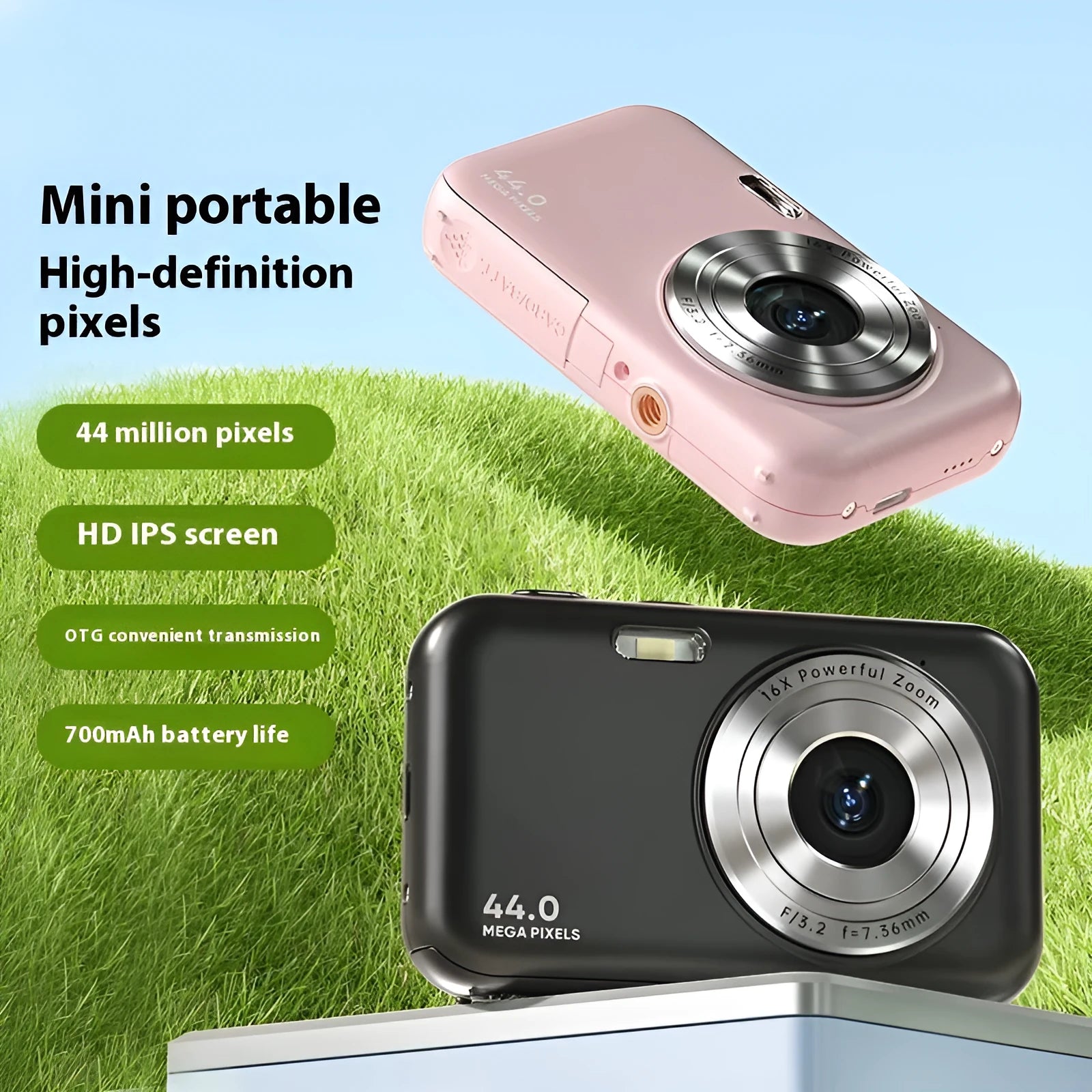 Children's digital camera with 2.4 inch screen in black, green, pink and purple colour options