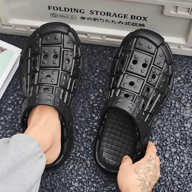 Men's hole shoes with thick EVA sole and toe holder design in sand colour
