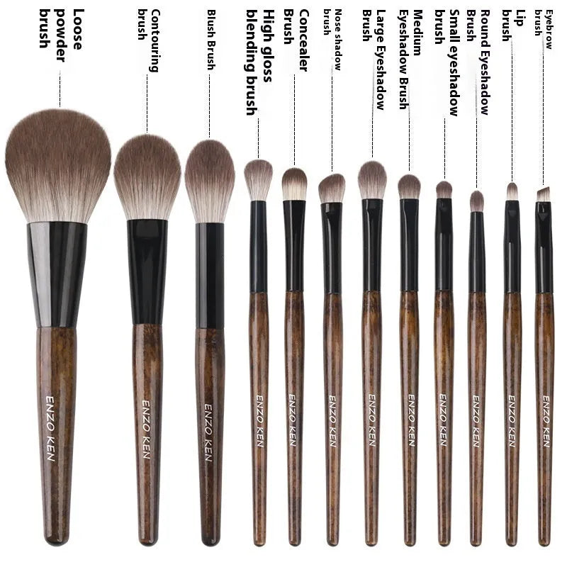 12-piece makeup brush set with wooden handles in a black PU travel case