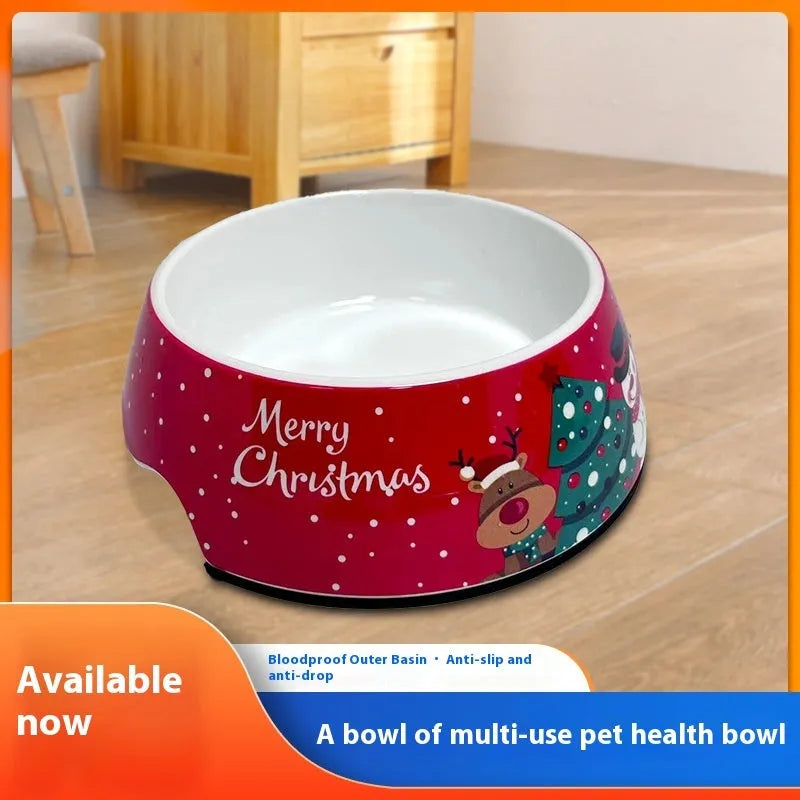 Red Christmas pet bowl with stainless steel inner layer and melamine outer shell in three size options