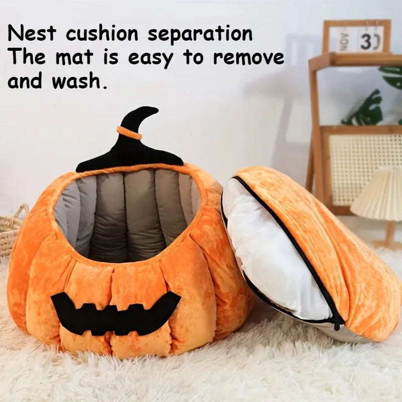 Halloween themed cat bed with cartoon pumpkin and devil design in soft plush fabric