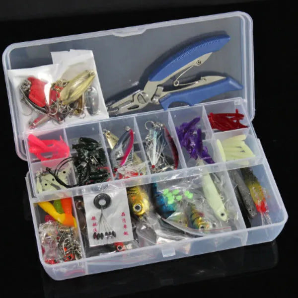 Rose red treasure coloured 132-piece fishing lure suit with soft bait and hooks in an open organiser case.