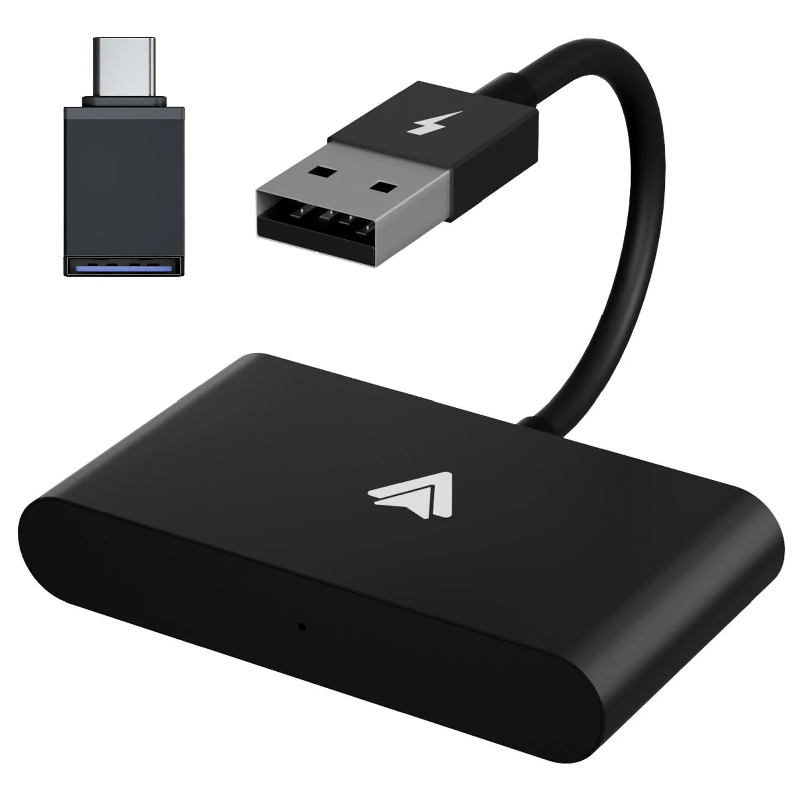 Car wired to wireless Android adapter in black and white colour variants for connecting phones to factory CARPLAY systems.