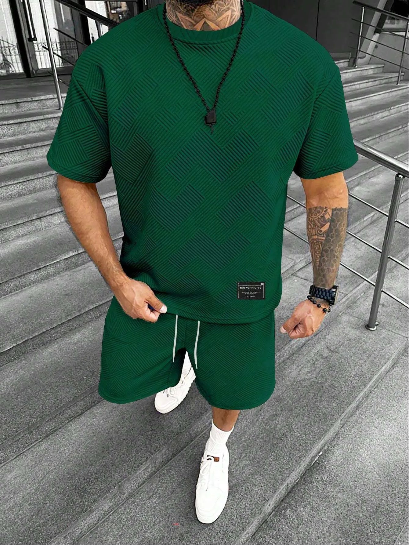 Men's short sleeve top and matching shorts with 3D digital printed pattern in a polyester blend fabric