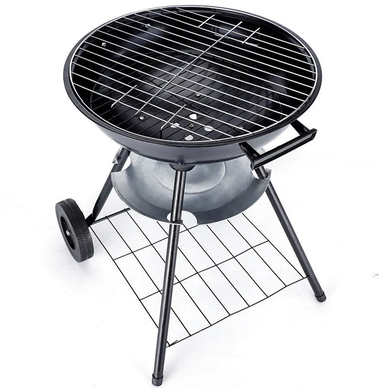 Portable 14-inch iron barbecue grill with Apple stove design on a patio.