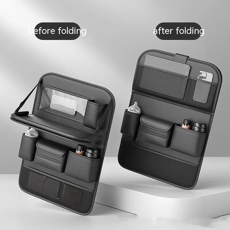 Genuine leather car seat organiser bag with a fold-out table in black, brown, grey, or green.