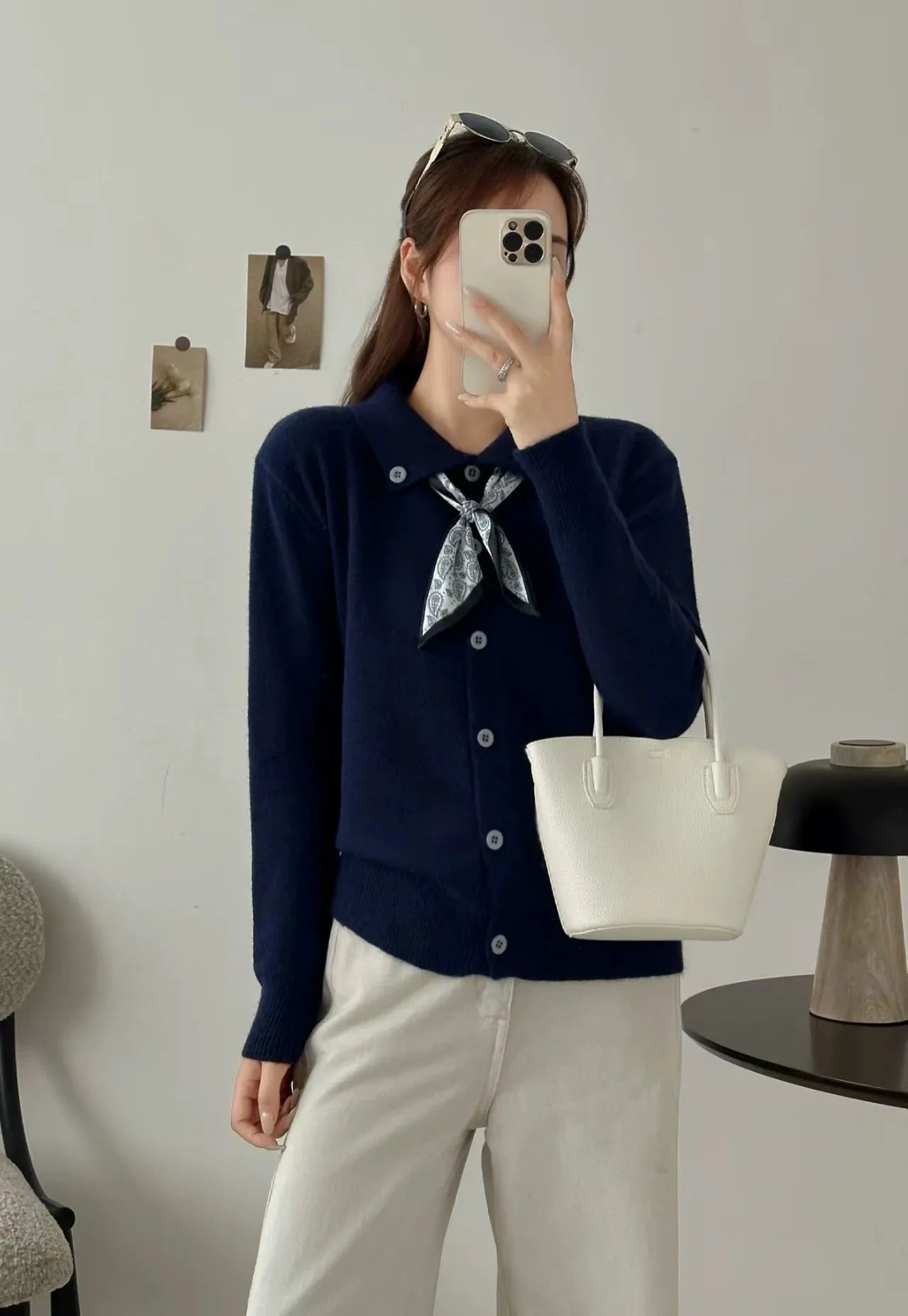 Beige lapel scarf sweater cardigan with splicing design and long sleeves