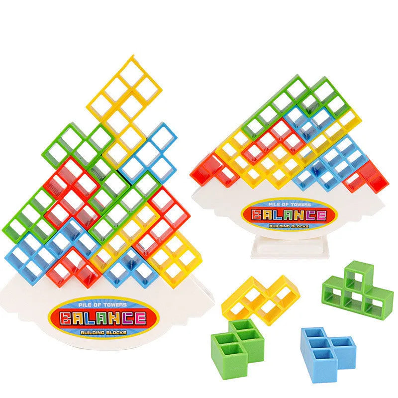 Balance stacking game set with plastic building blocks and wooden chassis