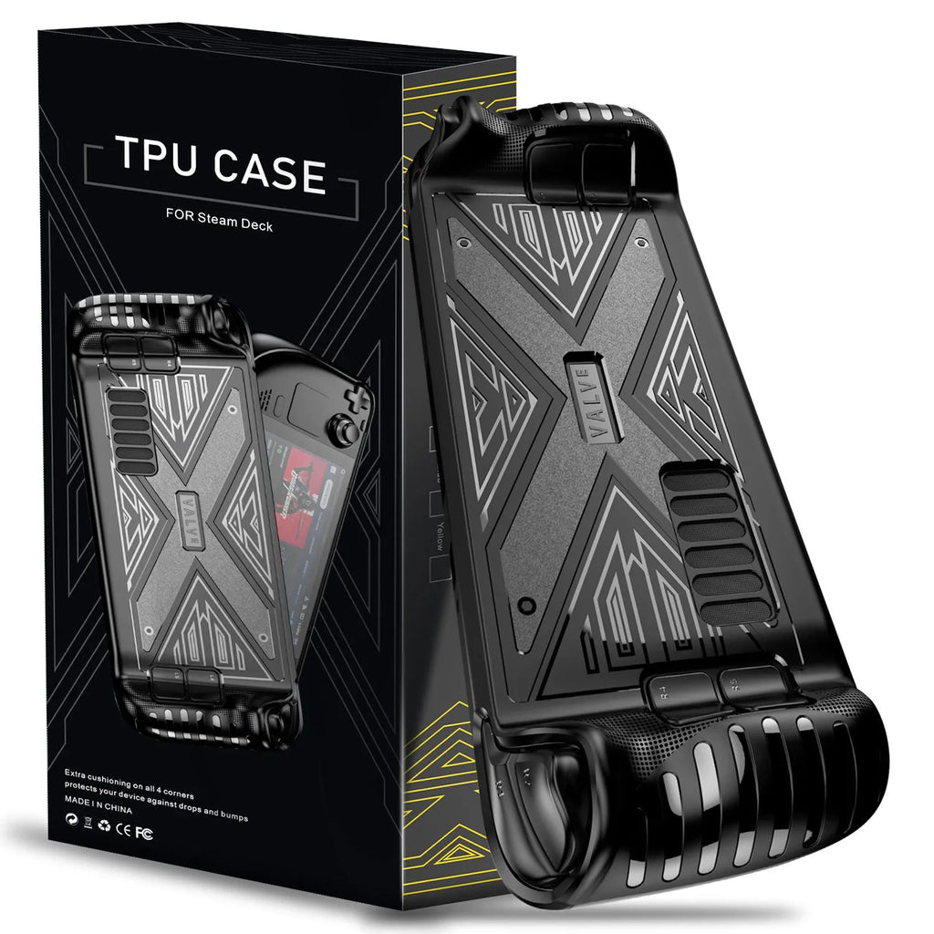 Red silicone protective case for a Steam Deck handheld game console.