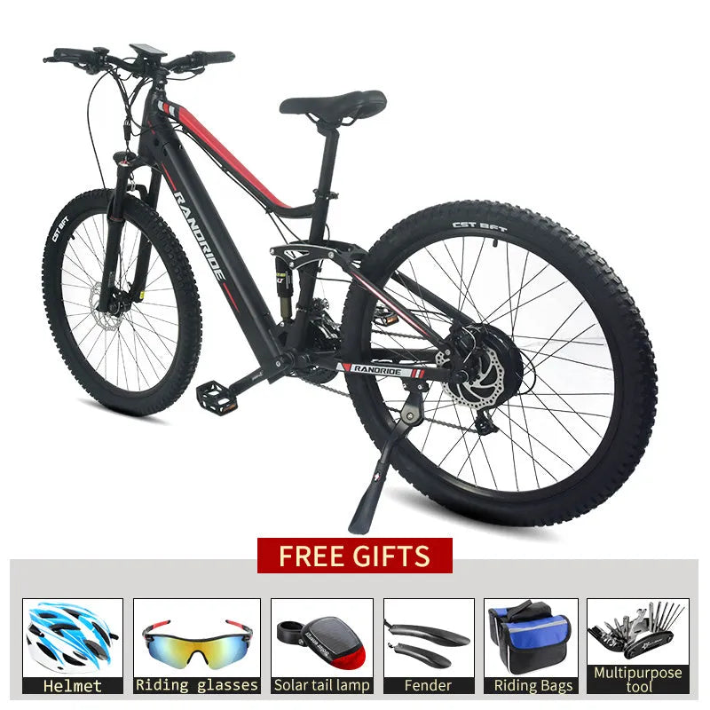 Electric mountain bike black red with 27.5 inch wheels full suspension aluminium alloy frame
