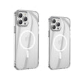 Transparent MagSafe magnetic iPhone 13 case showing airbag protection design on a table.