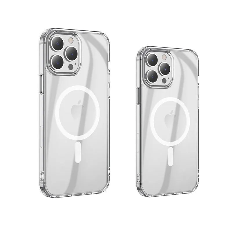 Transparent MagSafe magnetic iPhone 13 case showing airbag protection design on a table.