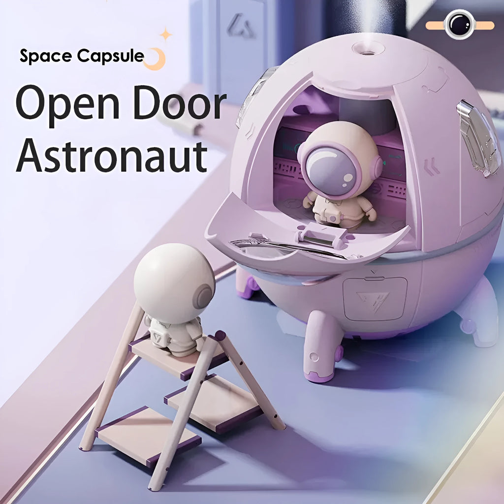 Astronaut-themed portable USB desktop humidifier with colourful LED lights showing 220ml water capacity