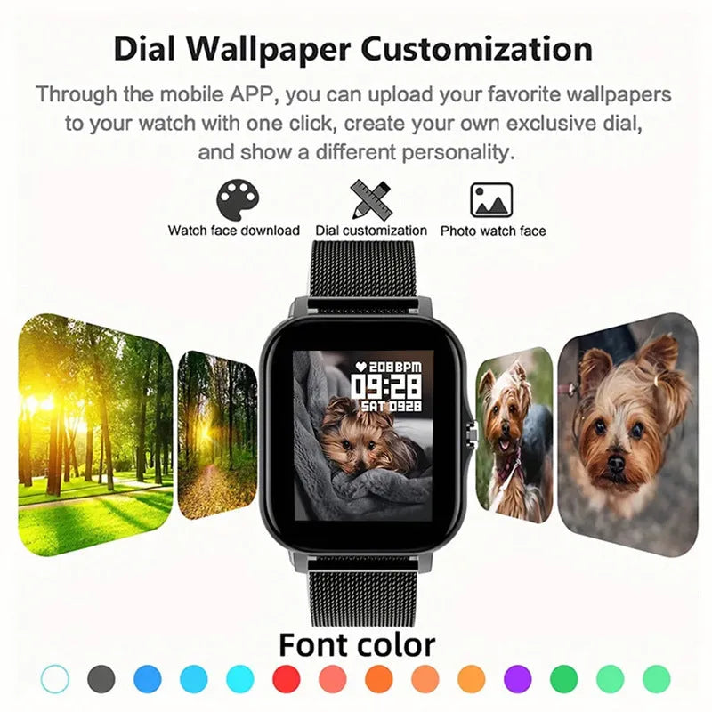 Smart watch with 1.44-inch colour touchscreen and silicone strap, shown in various colour options.