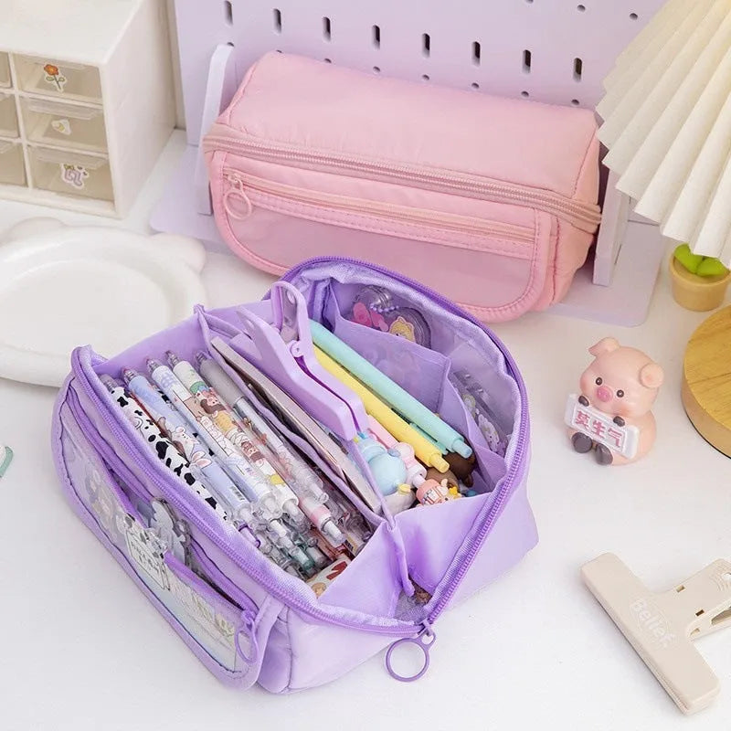 Korean style ten-layer flip canvas pencil case open to show multiple compartments.