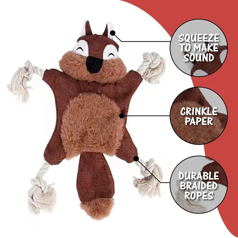 Plush squeaky dog toy set with fox, squirrel, monkey, and other animal shapes on a light background