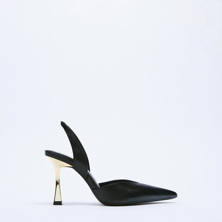 Women's nude pointed high heels in patent leather, shown in black and apricot colours with a shallow mouth design.